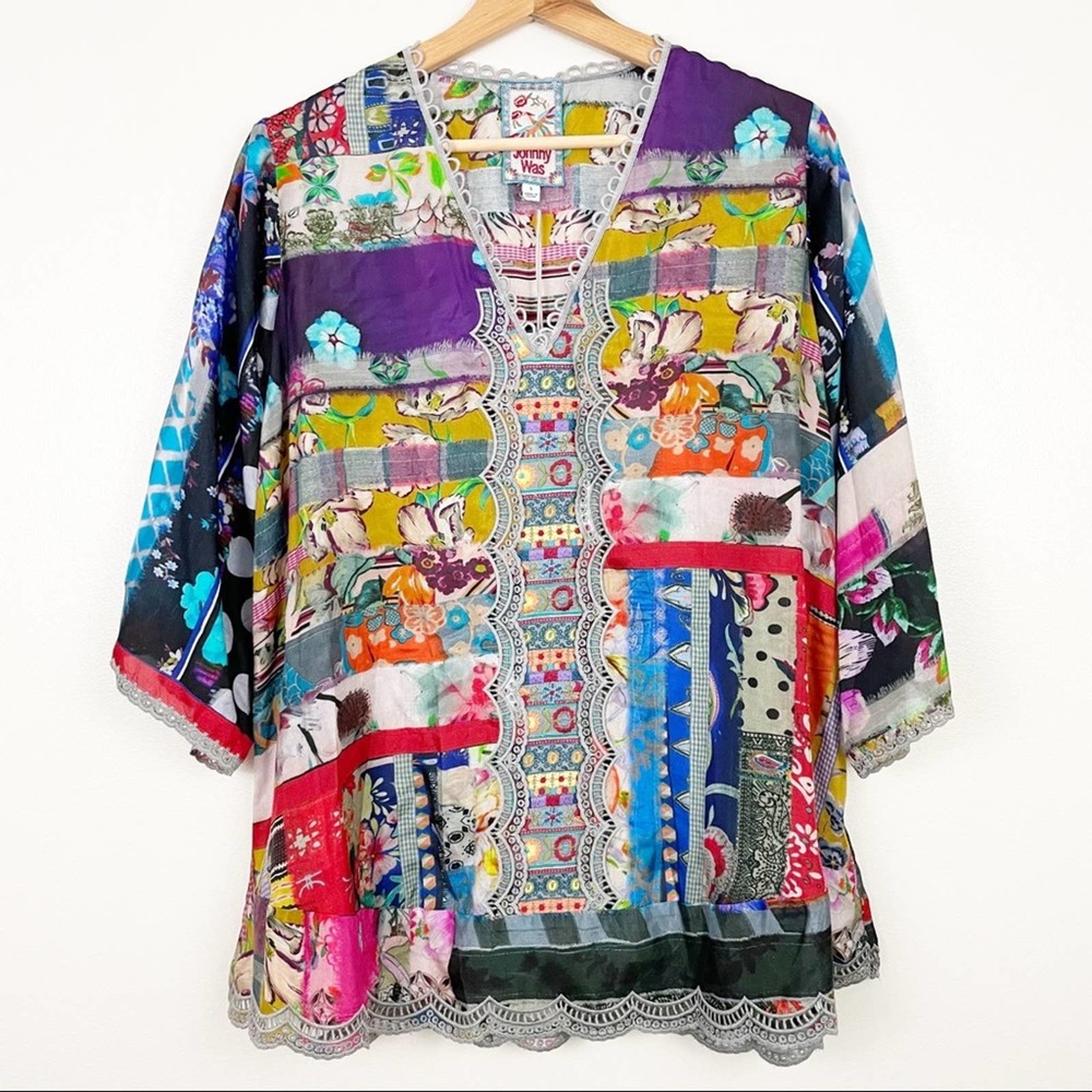 NWT Johnny Was Sonnet Leonora Silk Tunic S 100% Silk Patchwork Scalloped Lace